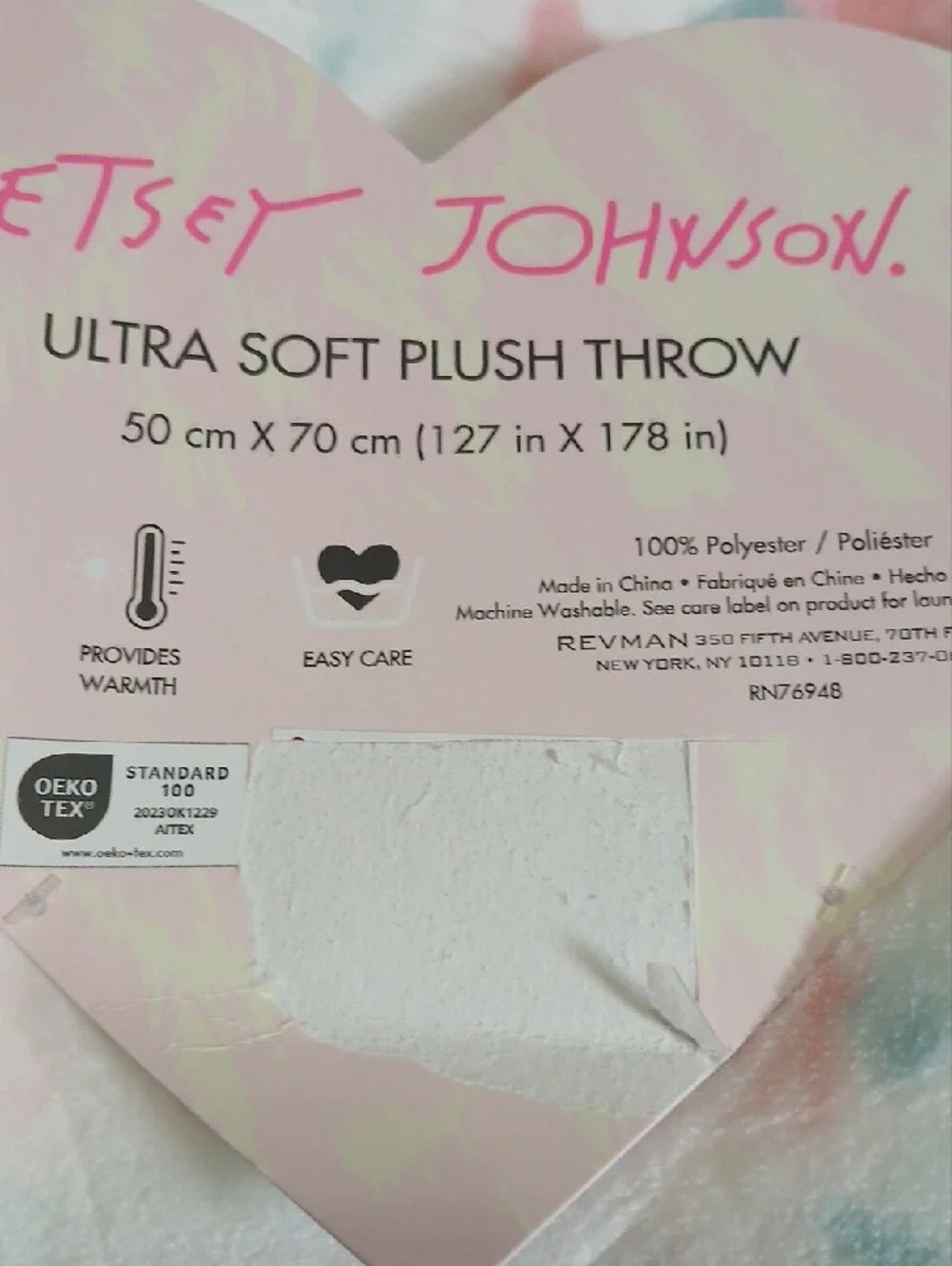 Betsey Johnson White Plush Throw with Pastel Pink & Pastel Blue Splatter